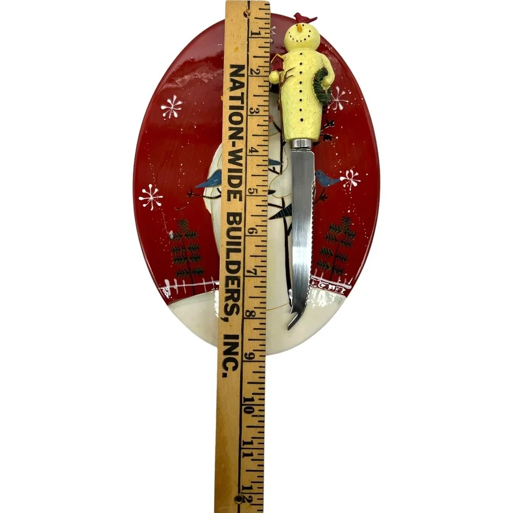 New MARY BETH BAXTER Twilight‎ Snowman Cheese Tray Plate And Knife Bluebirds